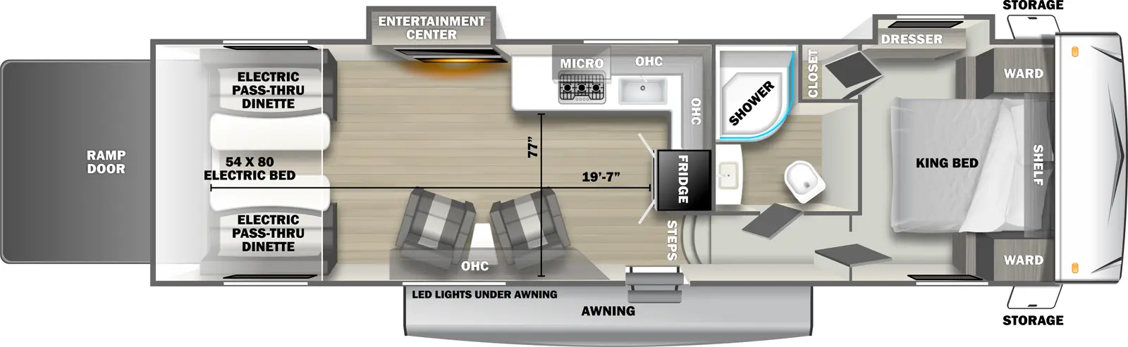 The 3300SRT fifth wheel has 2 slide outs on the off-door side, 1 entry door and 1 rear ramp door. Exterior features include an awning with LED lights and front opposing side storage access. Interior layout from front to back includes front bedroom with foot-facing King bed, shelf over the bed, front corner wardrobes, front facing closet and off-door side slideout holding a dresser; off-door side bathroom with radius shower, toilet and single sink vanity; 3 steps down into the kitchen area with off-door side L-shaped countertop, stovetop, L-Shaped overhead cabinets, sink and rear facing refrigerator; 2 door side recliners with end table; ceiling fan; off-door side slideout holding and entertainment center; and rear 54 x 80 electric bed over electric pass-through dinette. Cargo length from rear of unit to refrigerator is 19 ft. 7 in. Cargo width from countertop to door side wall is 77 inches.